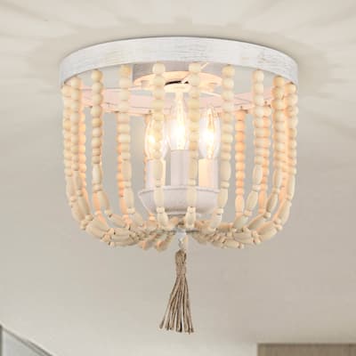 Wood Beaded Chandelier Boho Flush Mount Ceiling Light Fixtures 3-Light