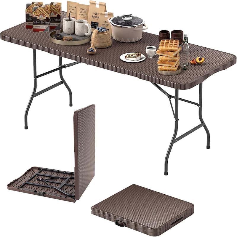 Plastic Folding Table Rectangle Portable Utility Card Table - Coffee