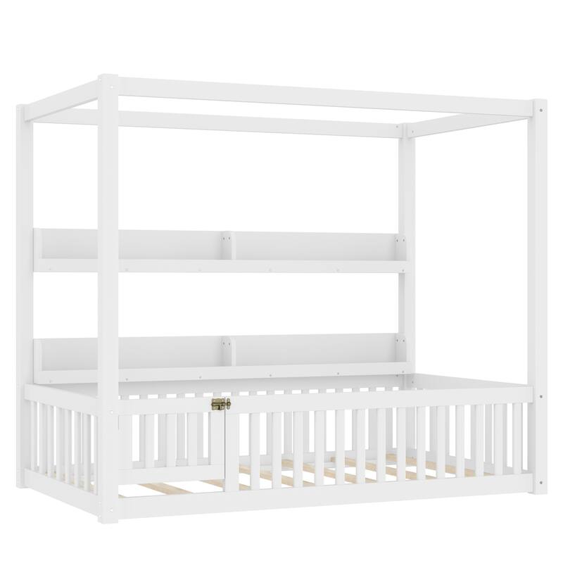 Roomfitters Canopy Floor Bed with Guardrails and Shelves, Solid Wood Montessori Frame
