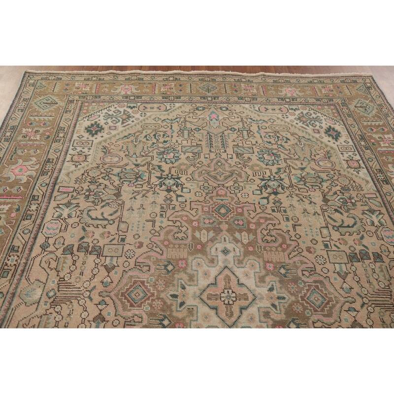 Hand Knotted Oriental 100% Wool Carpet Traditional Medallion Peach Tabriz Area Rug - 9' 7'' X 6' 7''