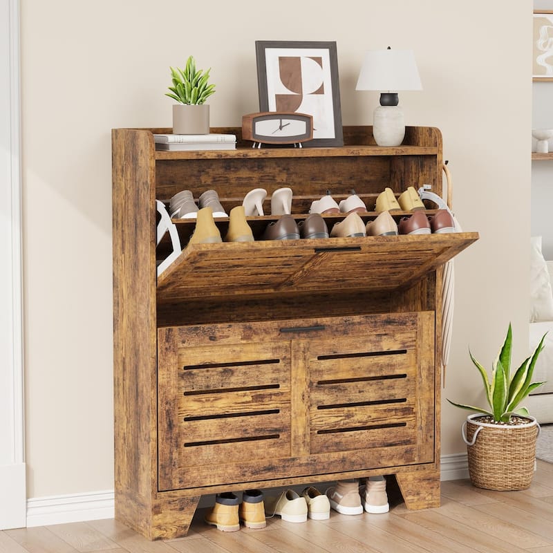 Slim Entryway Shoe Cabinet, 2 Flip-Drawer Organizer with Adjustable Shelves