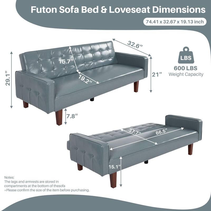 74.4” L Faux Leather Full Handcrafted Button Tufted Sofa 3-Seat, Convertible Sleeper Couch Adjustable Backrest