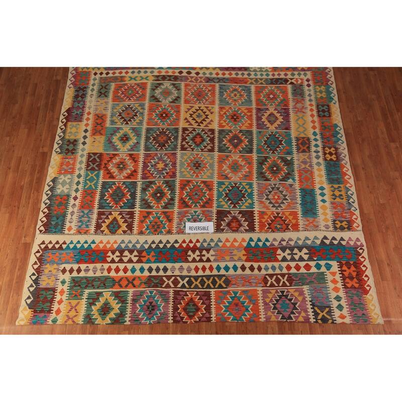 Geometric Kilim Oriental Rug Flatweave Wool Carpet - 9'7"x 12'10"