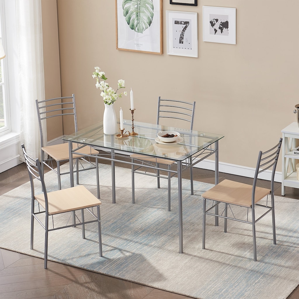 VECELO 5-Pieces Glass Dining Table and Chair Sets Metal Kitchen Room Furniture (Silver)