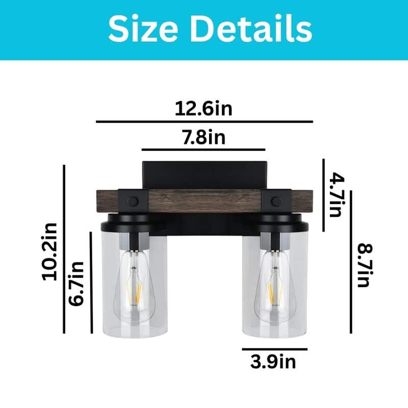 2 Light vanity light and mirror wood wall sconce glass, iron, wood wall light