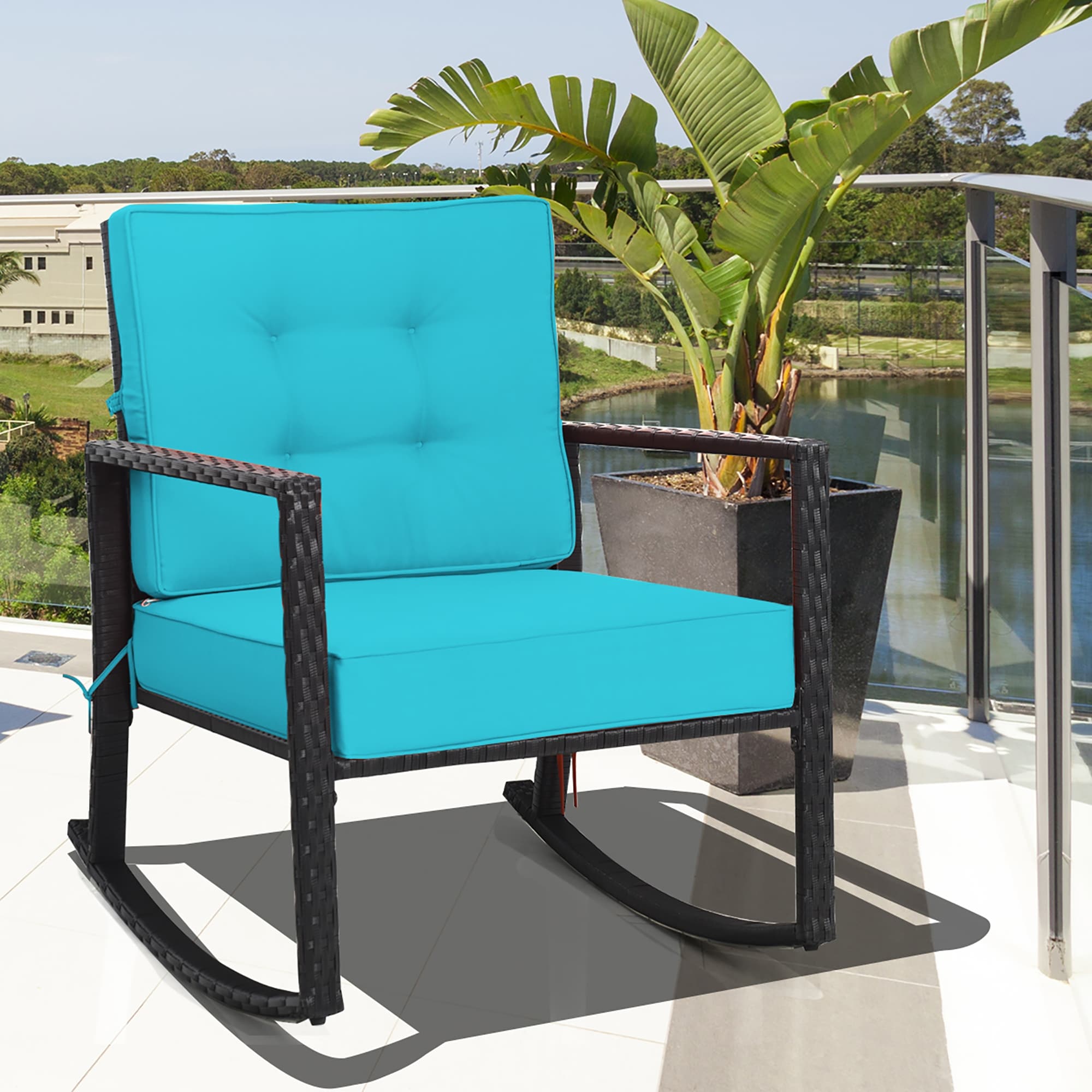 costway patio rattan rocker chair outdoor glider rocking chair cushion   blackblue