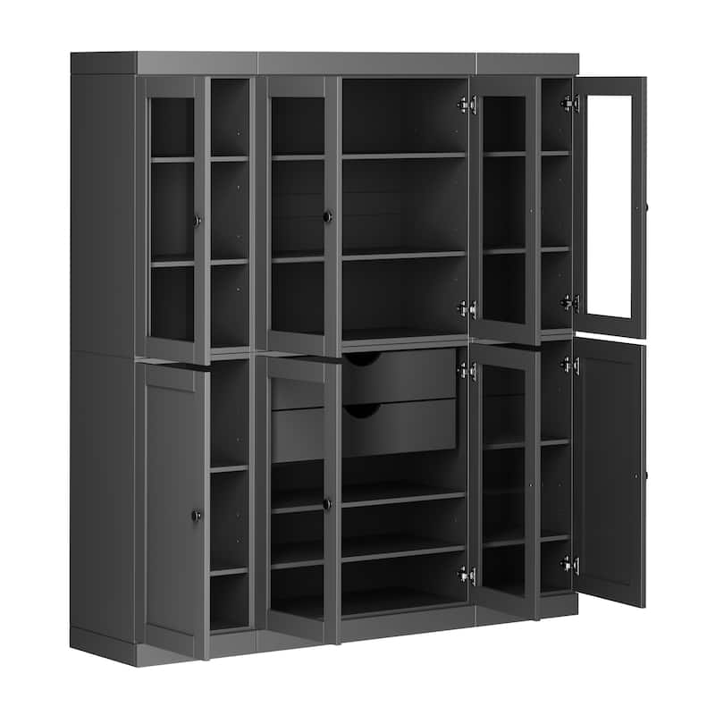 Palace Imports 100% Solid Wood 65" Pantry Cabinet with Clear Glass, Shaker Doors, 2-Drawers and Adjustable Shelves - Gray