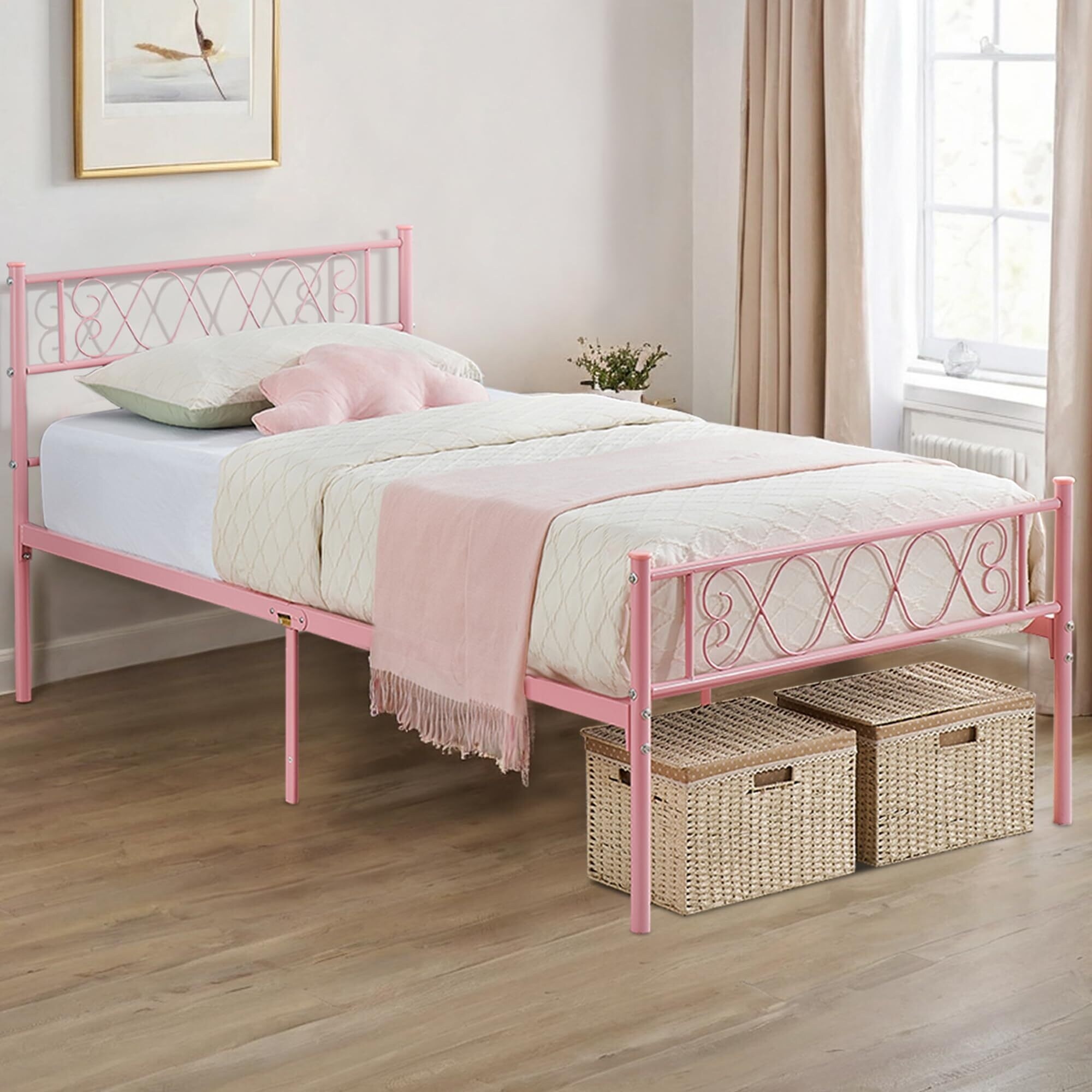 Modern Metal Bed Frame with Headboard/Footboard for Girls and Boys, Platform Bed Frame with Iron-Art Sweet Heart