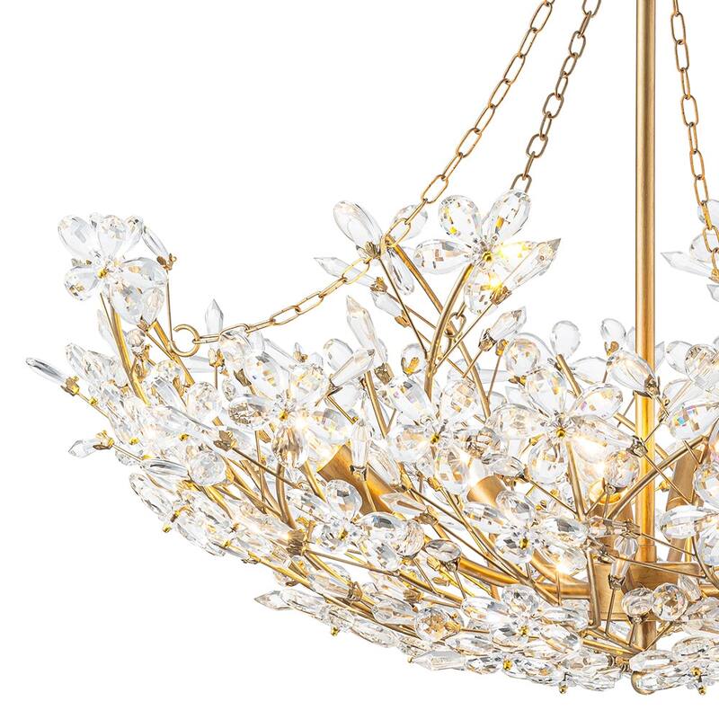 French Luxury Antique Brass Bloom Crystal Flower Chandelier - 28in