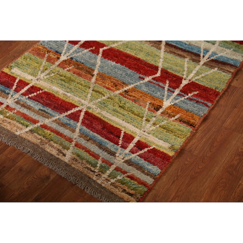 Geometric Moroccan Runner Rug Oriental Handmade Wool Carpet - 3'1" x 9'7"
