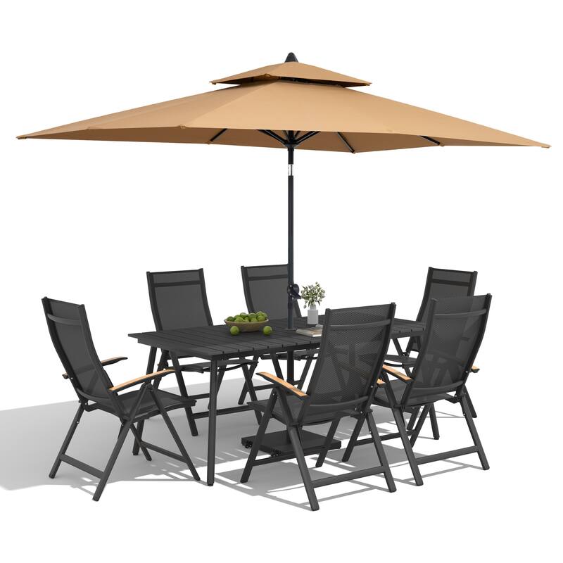 9/11-Piece Outdoor Patio Dining Set Aluminum Dining Table and Folding Chairs w/10 ft Umbrella and Base