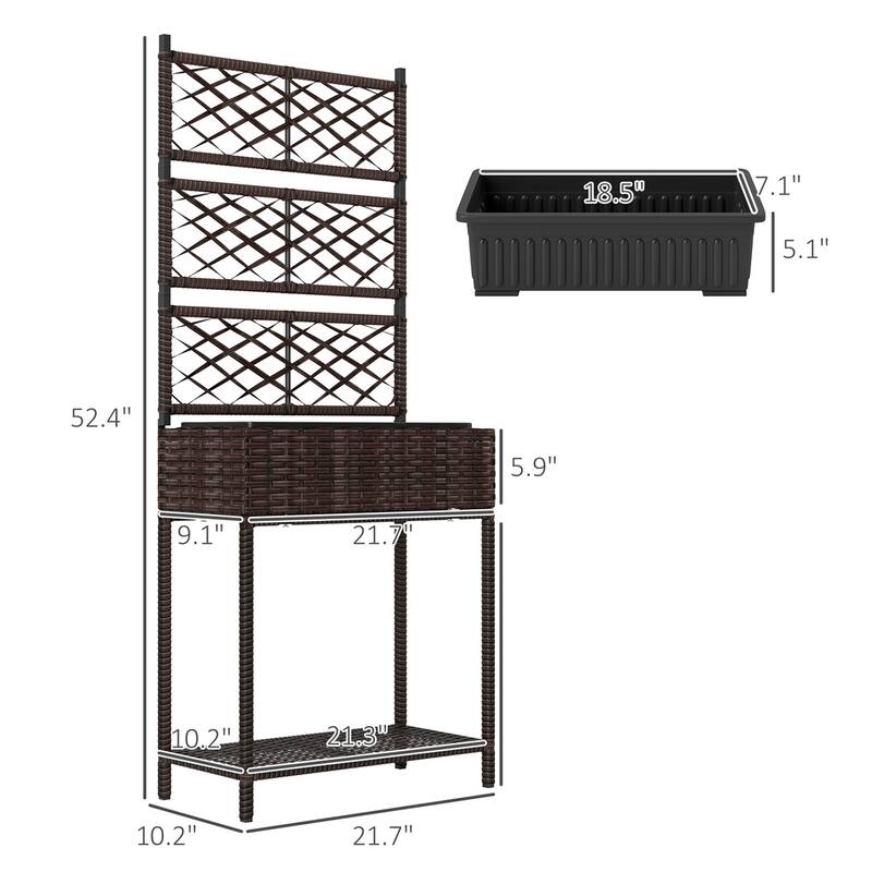 Outdoor Raised Garden Bed Rattan Plant Stand with Trellis and Storage Shelf for Herbs or Flowers - 21.7" L x 10.2" W x 52.4" H