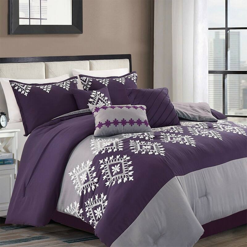 7 Piece Comforter Set Embroidered Design Microfiber Queen Purple Grey