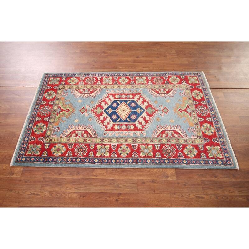 Light Blue Geometric Kazak Rug Entryway Hand-Knotted Wool Carpet - 3'1" x 4'11"