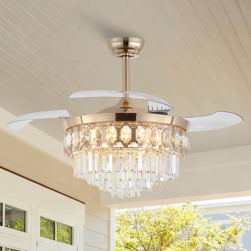 Kviflon 48" Crystal Fandelier Ceiling Fan with Light and Retractable Blades LED Dimmable for Bedroom Living Room - 48 Inches - Gold-3