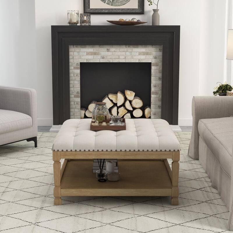 Button-Tufted Upholstered Coffee Table Ottoman with Wooden Shelf – Square Fabric Ottoman