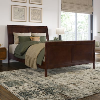 Full Size Sleigh Bed - Low Profile Wood Platform Bed with Footboard - Modern Bedroom Furniture