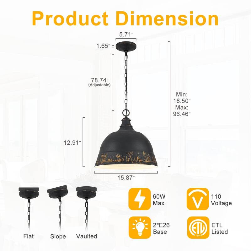 2-Light Farmhouse Pendant Light with Distressed Gold Dome Shade - 2-Lights