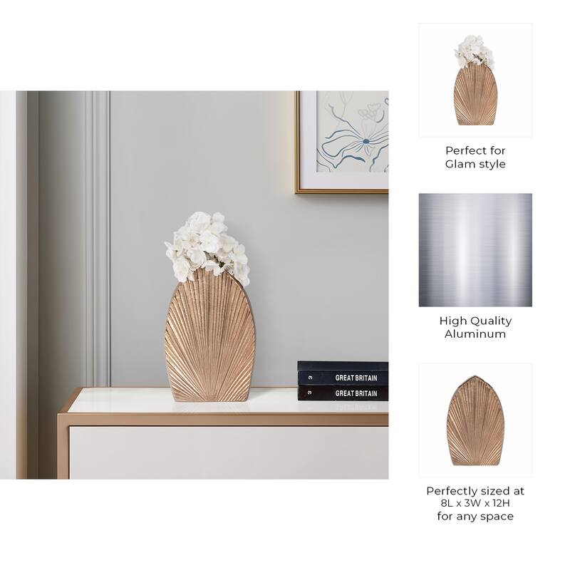 Decorative Metal Flower Vase With Grooved Detailing - Stylish Chic Home Accent Decor