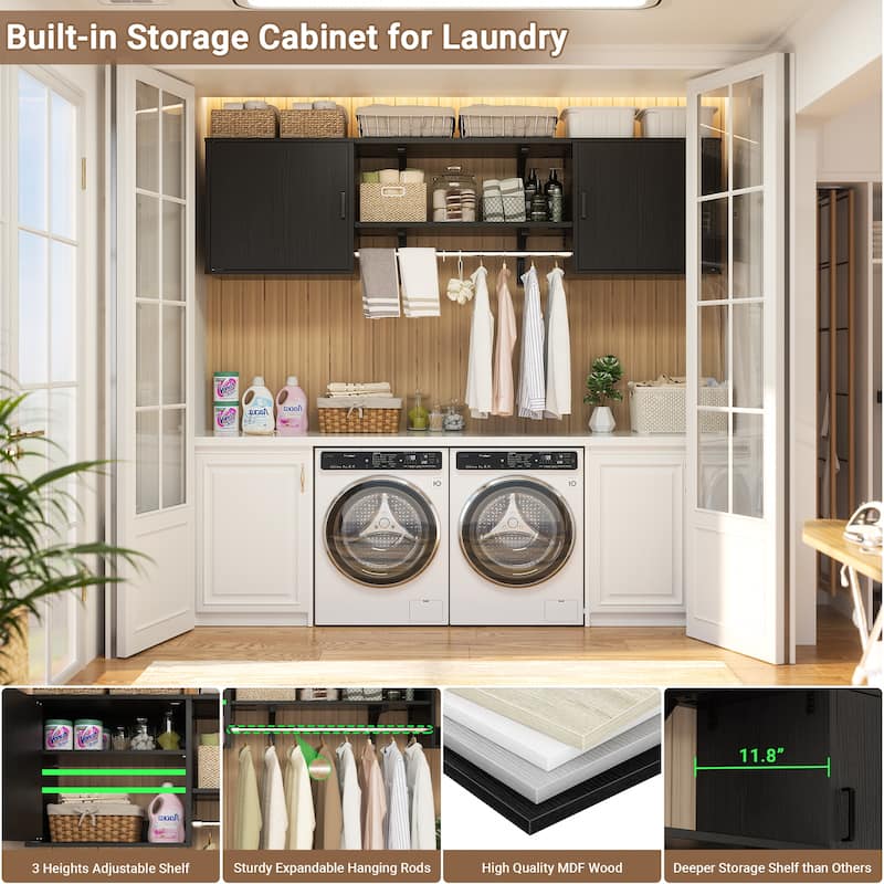 65''W Reversible Laundry Storage Cabinet with Doors and Storage Shelves and Shelf Towers