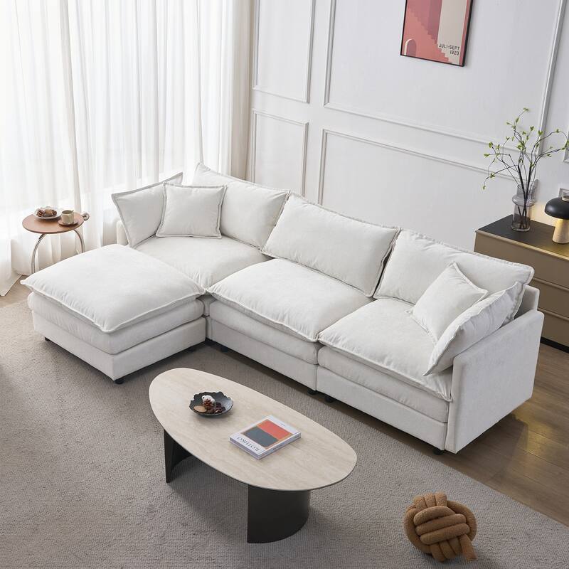 Upholstered Soft Chenille Fabric Sofa,3 Seater with Ottoman L Shape Sofa