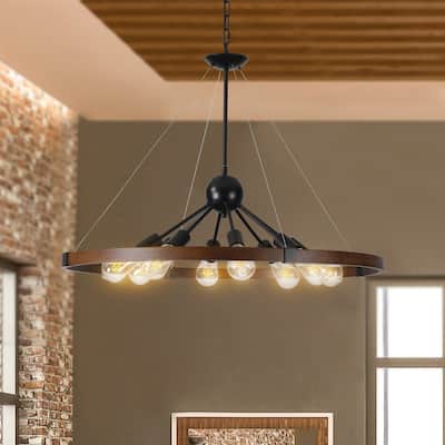 32" Rustic Industrial Chandelier, Eight Lights, Metal And Wood Finish, Adjustable Hanging Chain (No Bulb)