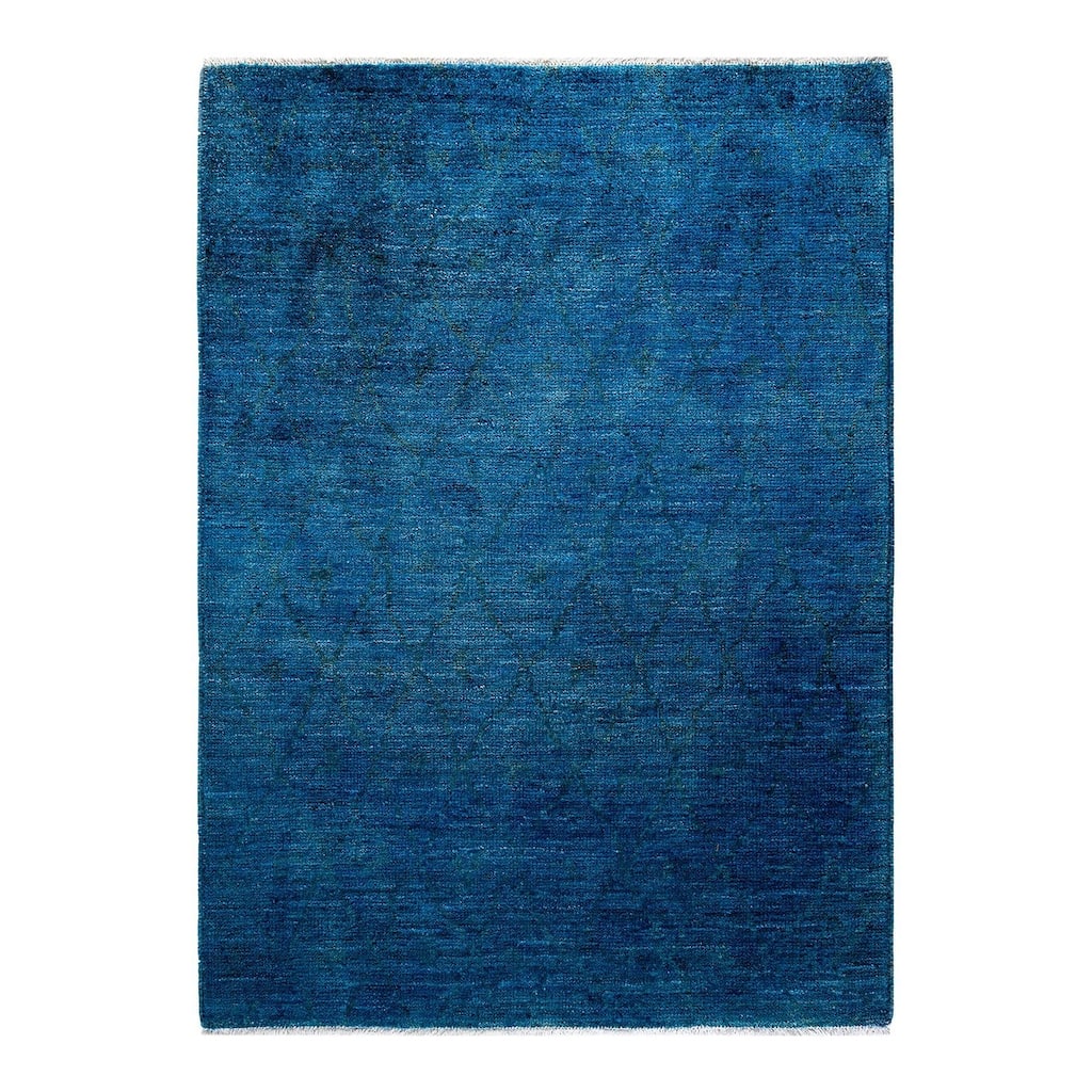 Overton Hand Knotted Wool Vintage Inspired Modern Contemporary Overdyed Blue Area Rug - 4' 3" x 5' 9"