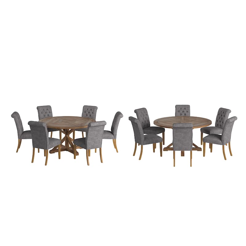 Krakova X-Base Round Table With Premium Tufted Rolled Back Parsons Chairs Set - Grey Linen