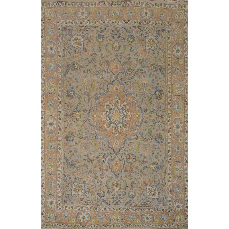 Hand Knotted Oriental 100% Wool Carpet Traditional Floral Greys & Charcoal Tabriz Area Rug - 10' 9'' X 7' 9''