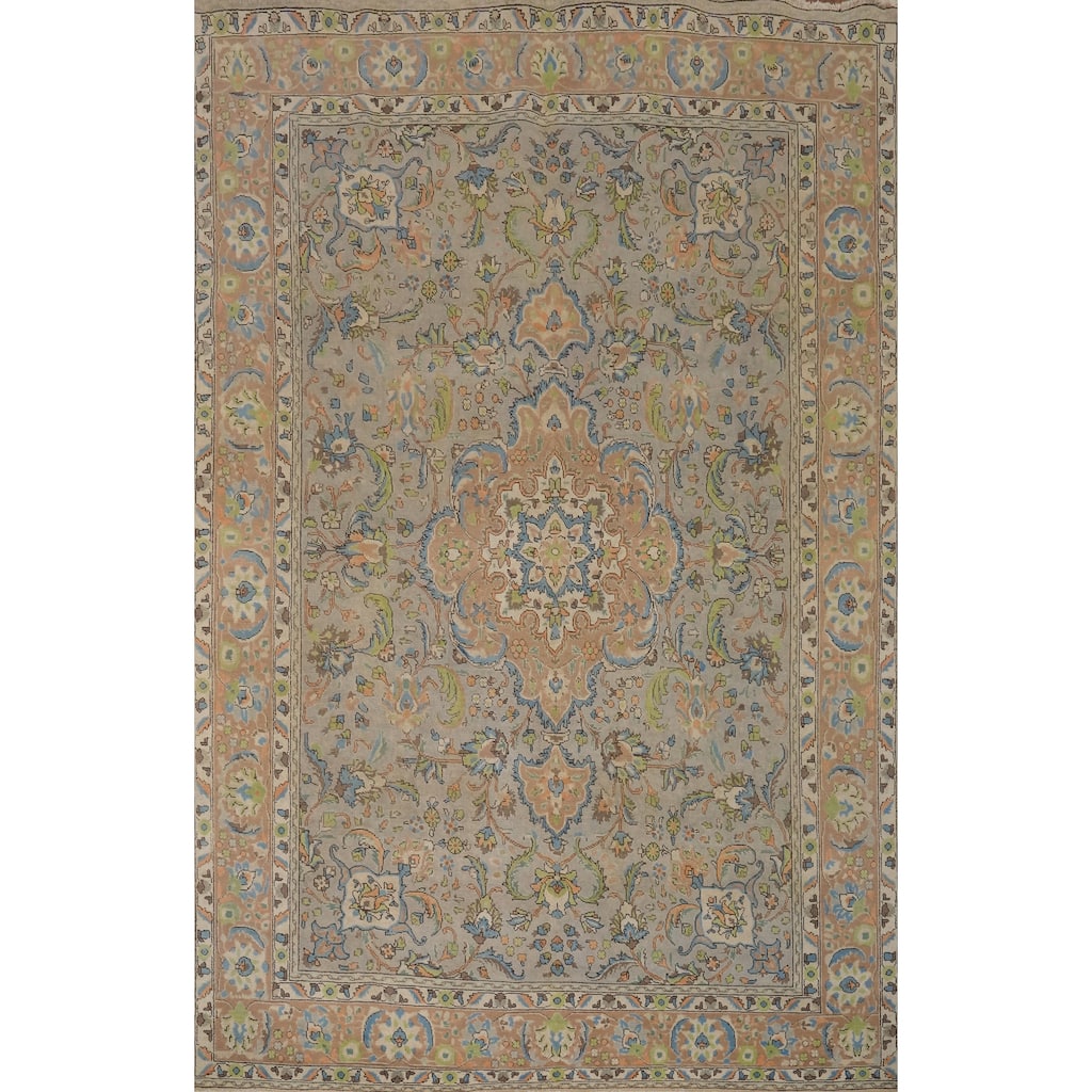Hand Knotted Oriental 100% Wool Carpet Traditional Floral Greys & Charcoal Tabriz Area Rug - 10' 9'' X 7' 9''