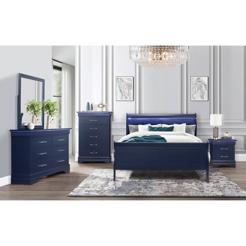 Blue LED Nightstand with 2 Spacious Drawers, Transitional Style