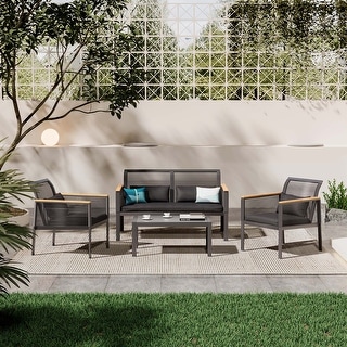 Patio Furniture Set - 4 Piece All Weather Wicker Patio Conversation Set Black Outdoor Sofa Set with Washable Cushions and Chairs