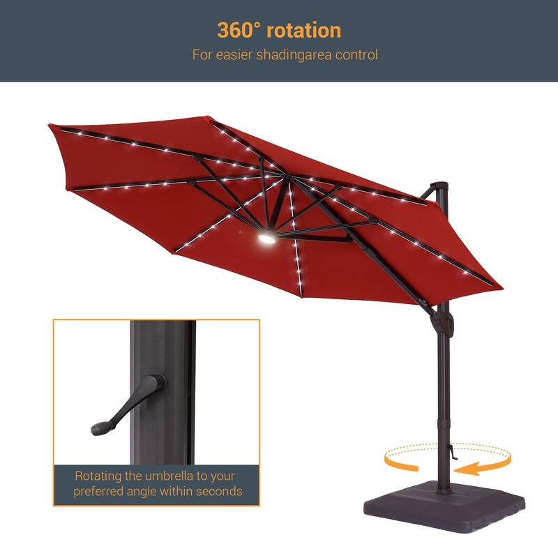 LIVOOSUN 11Ft LED Patio Hanging Octagon Cantilever Umbrella with 360-degree Rotating Canopy