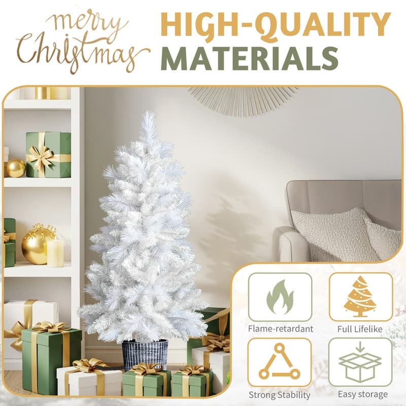 4 FT White Artificial Christmas Tree with Pot Stand, Potted Xmas Pine Tree with 200 Branch Tips for Holiday Party Office Home