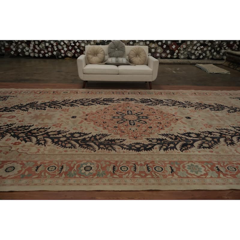 Hand Knotted Oriental 100% Wool Carpet Traditional Floral Beige & Ivories Ziegler Area Rug - 19' 2'' X 9' 7''