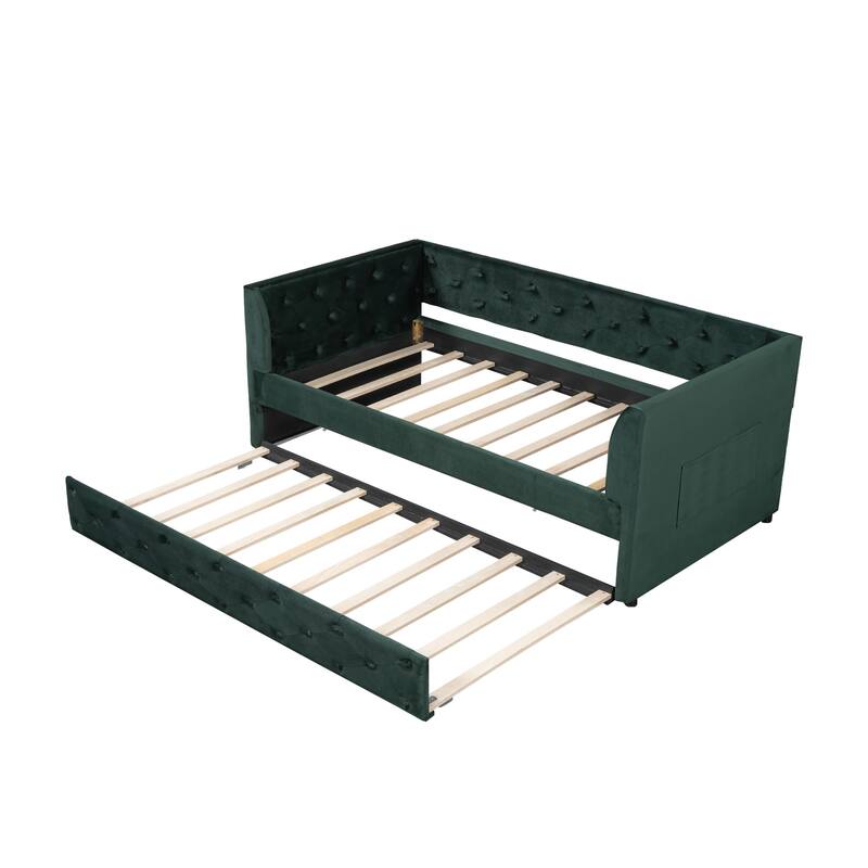 Upholstered Velvet Bed Frame, Twin Size Tufted Daybed with Side Storage Bag, Pull-out Trundle and Button Backrest Headboard