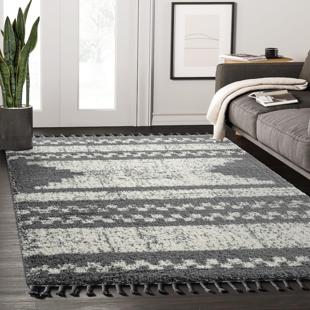 Abani Willow WIL210A Contemporary Grey and Ivory Geometric Shag Area Rug