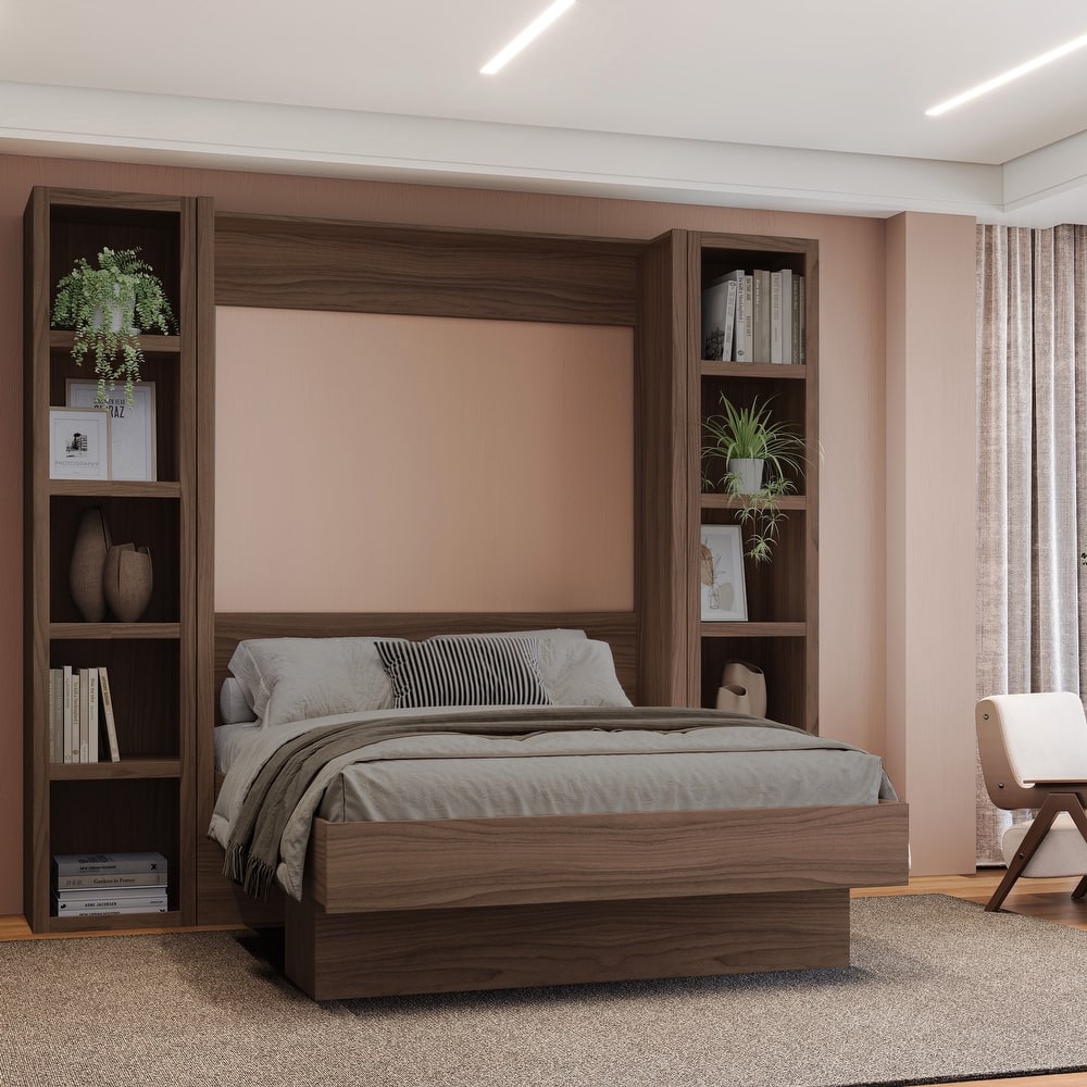 Easy-Lift Full Murphy Wall Bed with Two Bookshelves