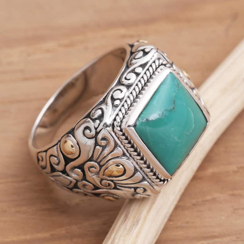 Novica Handmade Kuta Blue Men'S Gold Accented Sterling Silver Ring