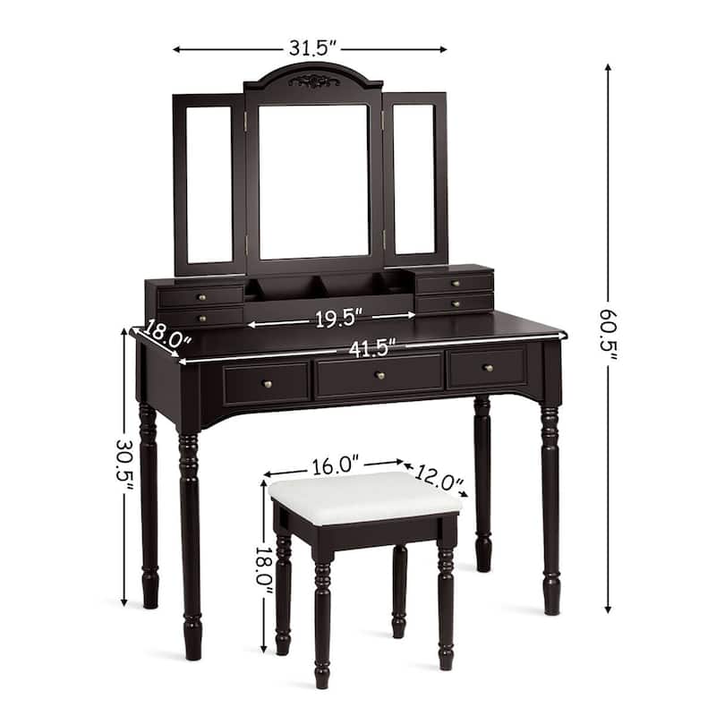 Tri-folding Mirror Vanity Table Set with Stool