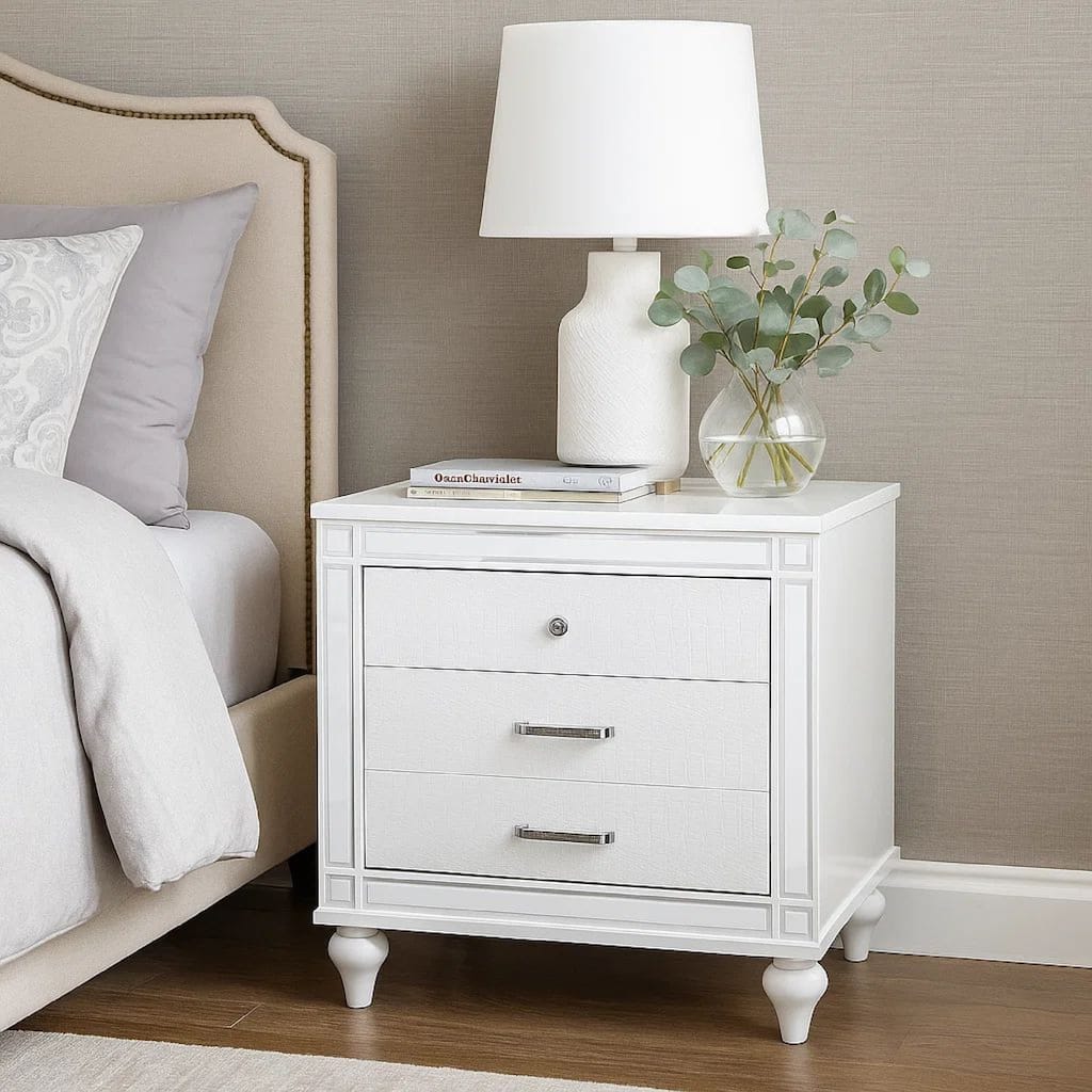 Reya 29 Inch Nightstand, Classic White, Textured Panels, Mirrored Trim