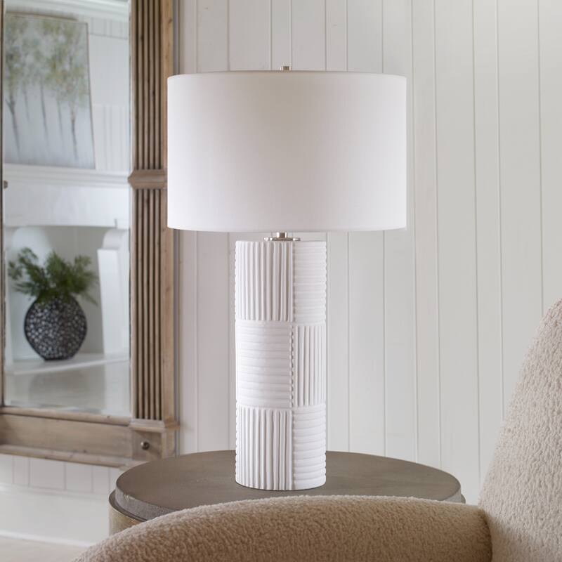 Geometric Ceramic Table Lamp with Round Drum Shade - 27.5" - White