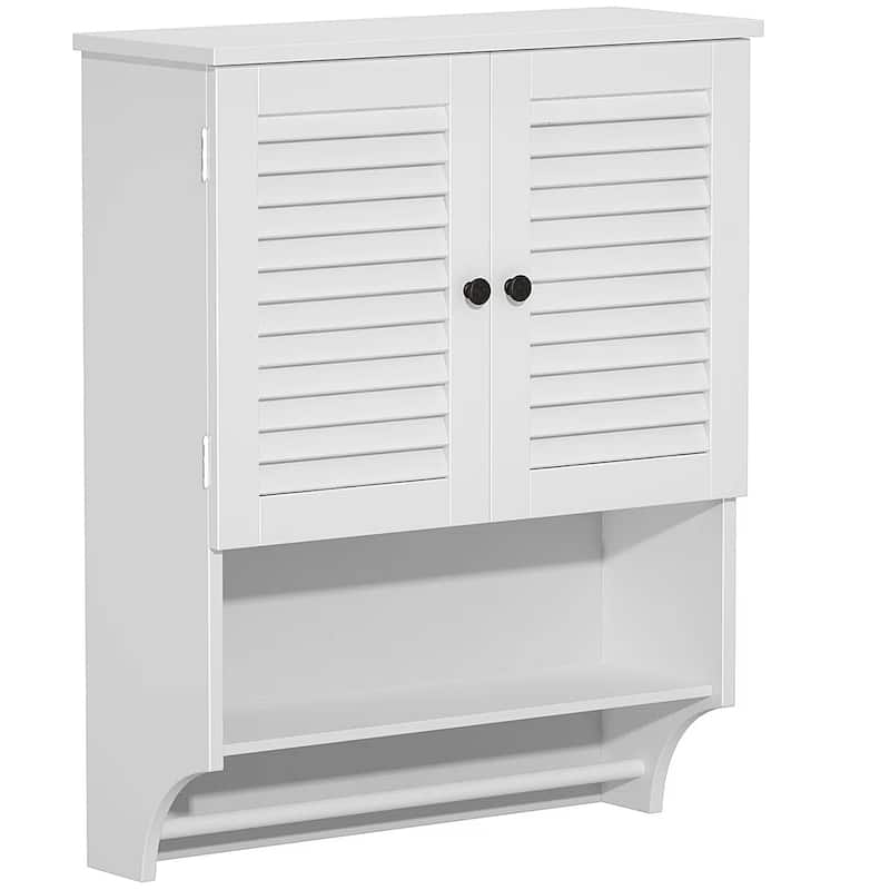 Wall-Mounted Bathroom Cabinet with Louvered Doors, Open Shelf, Adjustable Shelves & Towel Bar,White