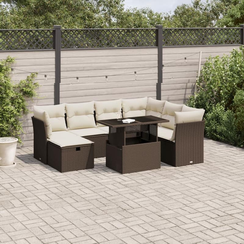8 Piece Patio Sofa Set with Cushions - 21.7 x 39.4 x 28.7 in - Brown and cream