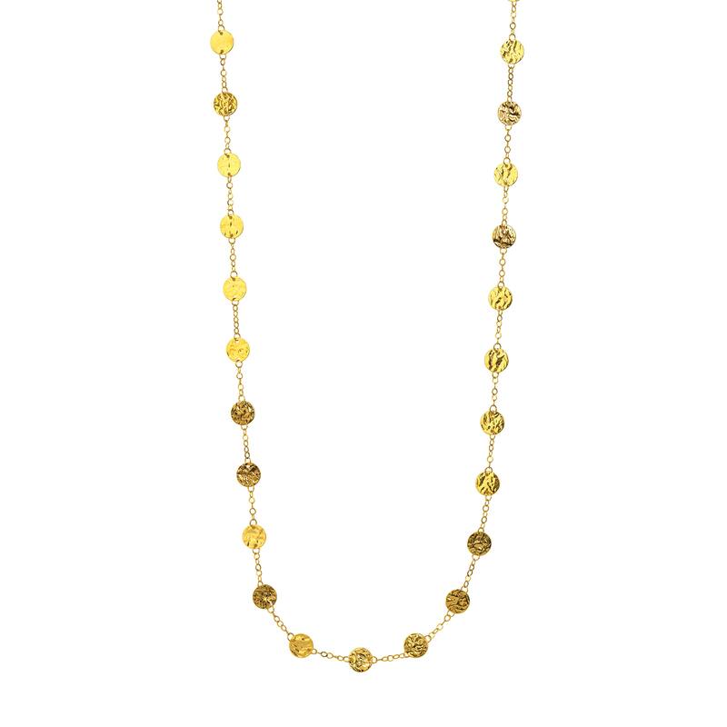 Marquee Jewels 14K Solid Yellow Gold Long Chain Necklace with Hammered Discs