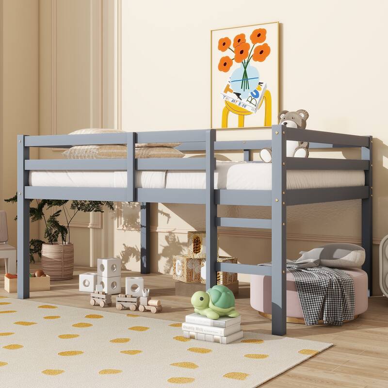 Full Rubber Wood Loft Bed with Ladder, Grey, Space Storage, Low Height Design