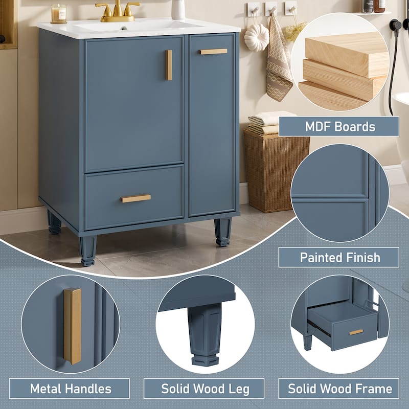 24'' Bathroom Vanity with Ceramic Sink, Solid Wood Frame, Deep Drawer, Pull-Out Basket, Soft-Close Door & Storage Shelf