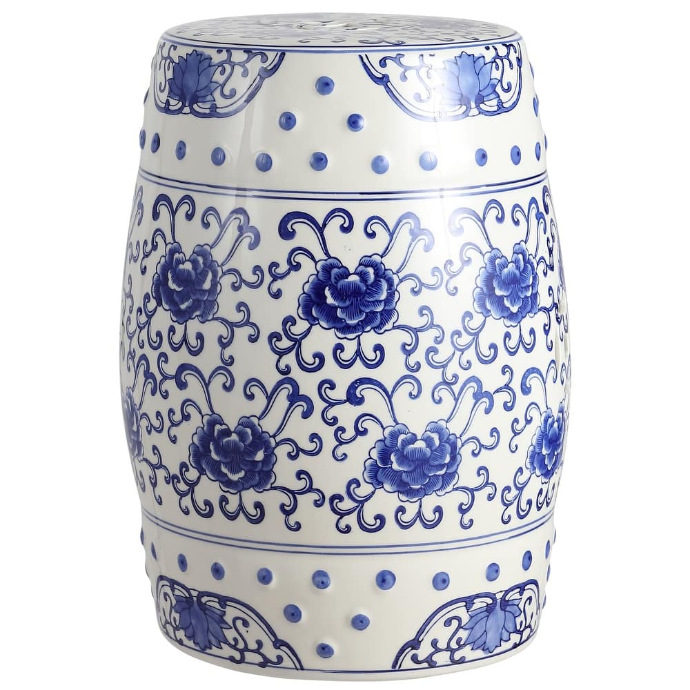 Lotus Flower 17.8" Chinoiserie Ceramic Drum Garden Stool, Blue/White