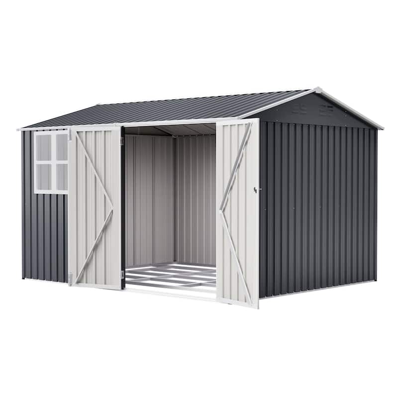 10X8FT Outdoor Steel Storage Shed with Clear Window, Lockable Doors, Weather-Resistant Metal Tool Shed, Gray