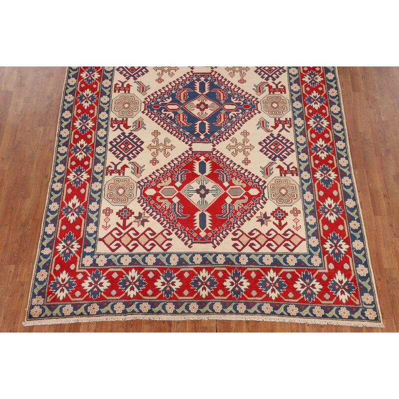 Beige / Ivory Traditional Kazak Oriental Rug Hand-Knotted Wool Carpet - 6'7" x 9'8"